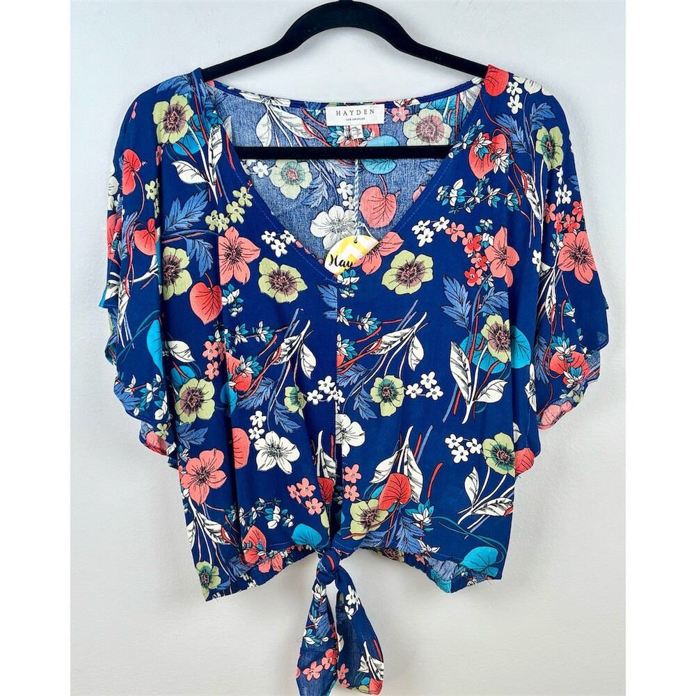 Hayden Los Angeles Blouse Womens Size L Blue Floral V-Neck Tie Front Top